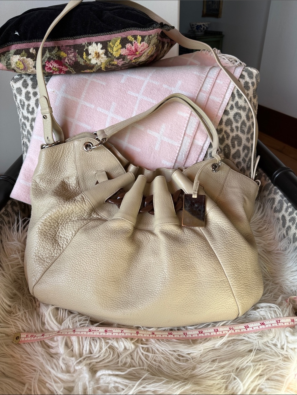 Furla Cream Pebbled Leather Shoulder Bag with Top Handle